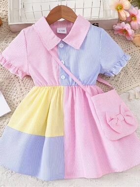 Toddler Girls' Lightweight Pink, Blue & Yellow Casual Dress with Bow and Purse.